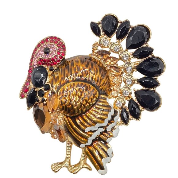 Thanksgiving Turkey Gold Tone Signed Napier Brooch Harvest Celebration Figural - Picture 1 of 10